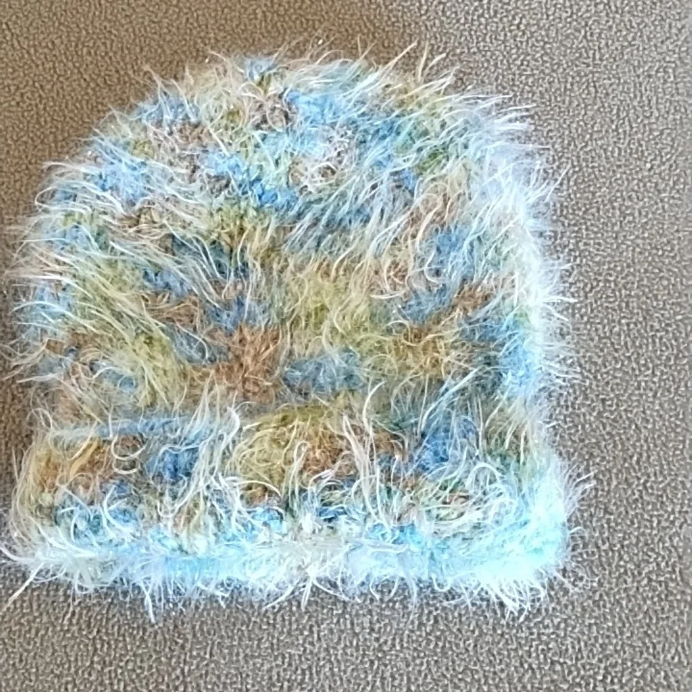 VTG 90s Eyelash Knit Fuzzy Beanie Boho Colorful Winter Hat Blue Green Brown